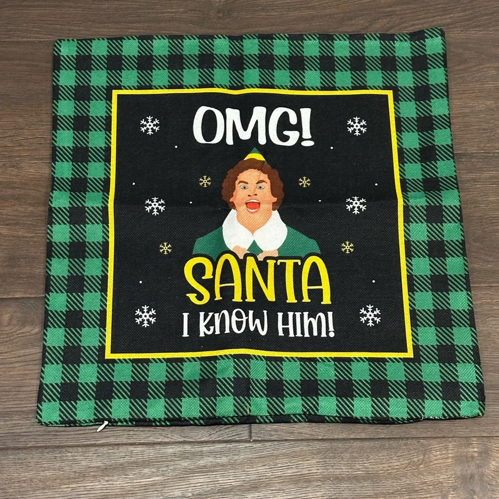 Set of Two Festive Holiday Buddy The Elf Pillow Covers - Green and Black Plaid